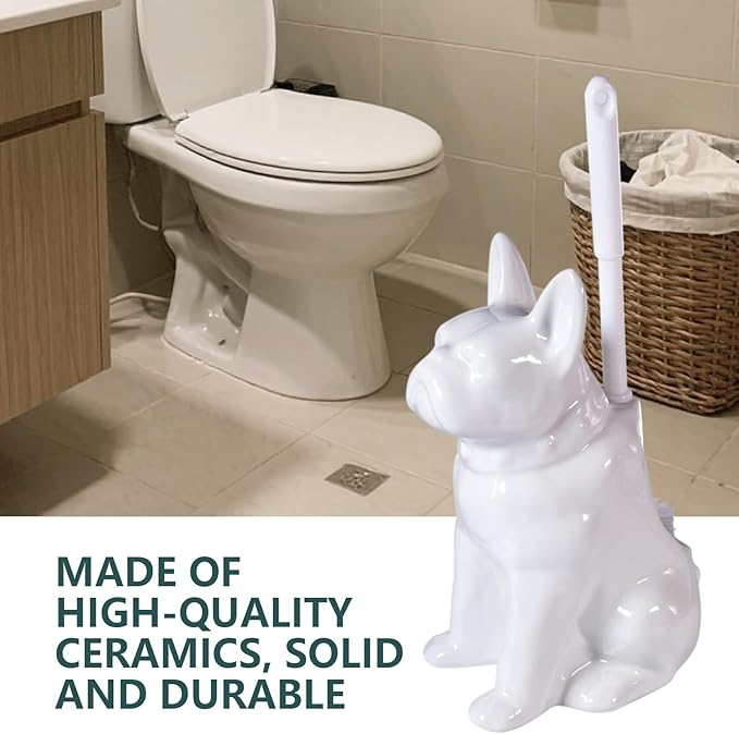 Toilet Brush Holder Set for Bathroom Cute Dog Base Solidly Toilet Bowl Brush Holder and Decorative Bathroom Ceramic Cleaning Kit with Brush and Holder (White)