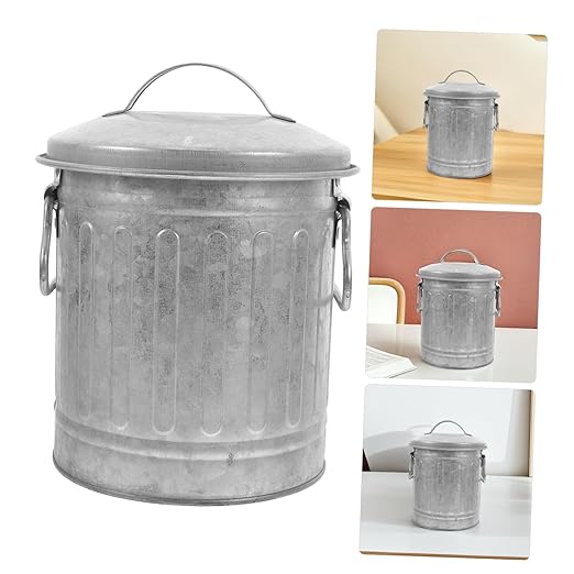 HOMSFOU Small Decorative Desktop Trash Bin for Office and Bedroom Vintage Iron Rubbish Container with Opening Multipurpose Reusable Wastebasket and Plant Holder Easy to Clean Storage