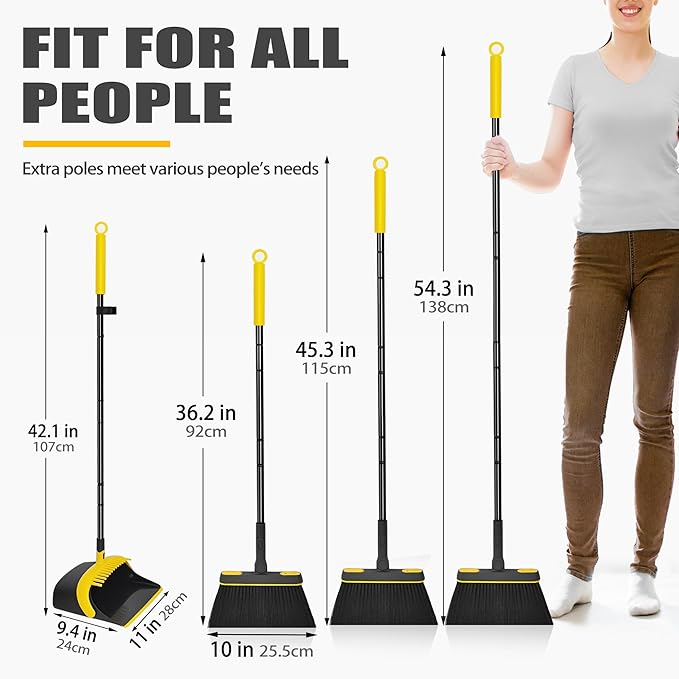 JEHONN Broom and Dust Pan 54.3 inches Long Handle Swivel Brush Upright Foldable Dustpan with Comb Teeth for Home Kitchen Lobby Indoor Floor Cleaning (Black &amp Yellow)