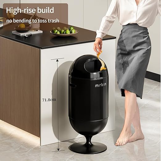 MRBIN Metal Trash Can with Lid 5.3 Gallons / 20L Medium Decorative Waste Basket Round Tall Garbage with High Leg for Bathroom Office Bedroom Kitchen Black