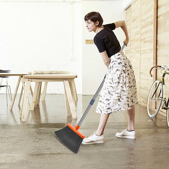 kelamayi Upgrade Broom and Dustpan Set Self-Cleaning with Dustpan Teeth Indoor&ampOutdoor Sweeping Ideal for Dog Cat Pets Home Use Stand Up Broom and Dustpan (Gray&ampOrange)