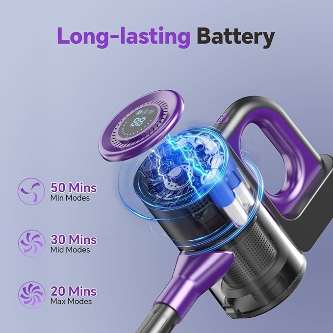 Cordless Vacuum Cleaner Powerful Suction Vacuum Cleaners for Home Stick Vacuum Cordless Rechargeable with LED Screen and 3-Speed Suction Lightweight Handheld Vacuum for Pet Hair Hard Floor Carpet