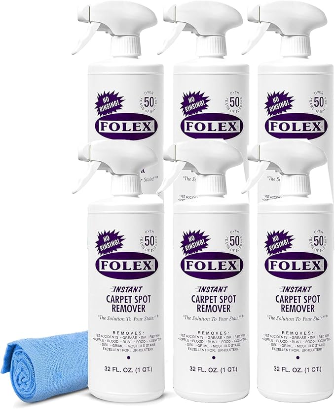 FOLEX 32 oz Instant Carpet Spot Remover Carpet Cleaner with Reusable Cleaning Cloth - Removes Pet Accidents Grease Red Wine and More (6 Pack)