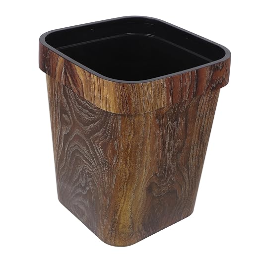 Square Trash Can with Faux Wood Grain Lidless Plastic Wastebasket with Removable Press Ring for Office Bedroom Kitchen Space-Saving Reusable Garbage Bin for Home and Farmhouse