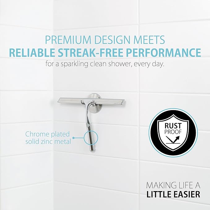 Better Living Deluxe Shower Squeegee Multi-Purpose Silicone Squeegee Blade with Storage Hook Rust-Proof Heavy Duty Window Glass Shower Door Scrubber Windshield Wiper 10 Chrome