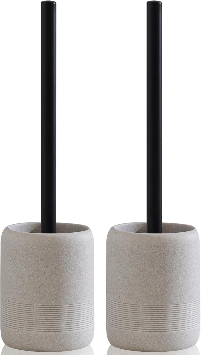 Toilet Brush and Holder Set 2 PCS Decorative Toilet Bowl Brush and Holder Set Bathroom Aceessories Toilet Scrubber Brush Set with Heavy-Weight Resin Base with Long Handle (Beige)