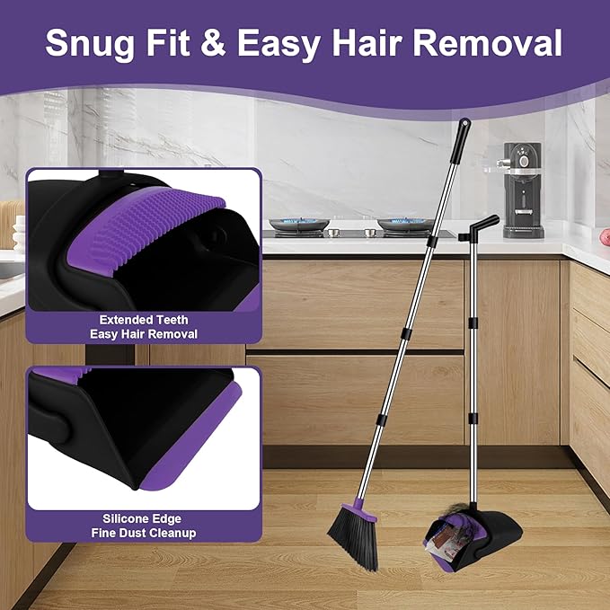 Broom with Dustpan Combo Set and Silicone Air Broom Kit 51 Long Handle Floor Squeegee Purple Household Kit for Glass Window Rugs Pet Hair Home