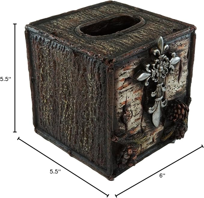 Ebros Gift Rustic Southwestern Inspirational Le Fleur Cross with Birch and Pinecones Bathroom Accessory Resin Sculpture Fleur De Lis Accent (Tissue Box Holder Case)