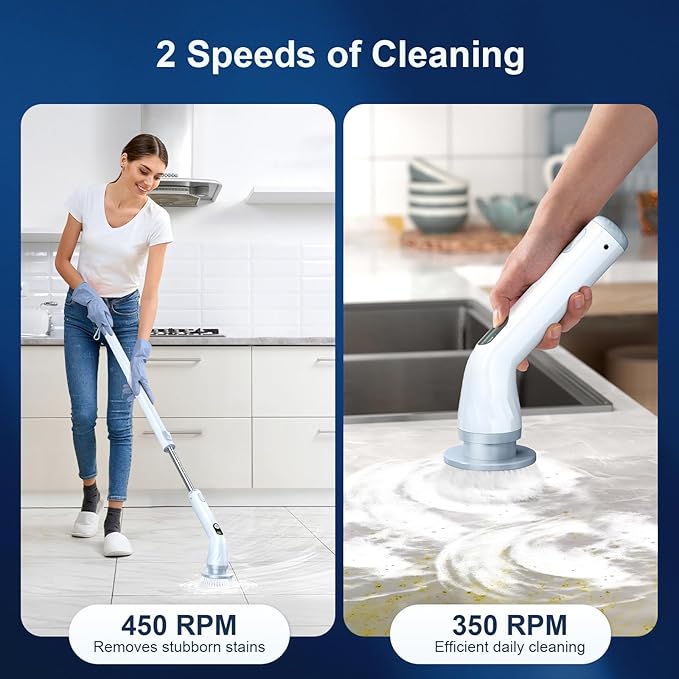 LABIGO Electric Spin Scrubber LA4 Pro Dual Speed Bathroom Scrubber with Display &amp 6 Replacement Cleaning Heads Cordless Power Scrubber with Adjustable &amp Detachable Handle for Bathroom Floor