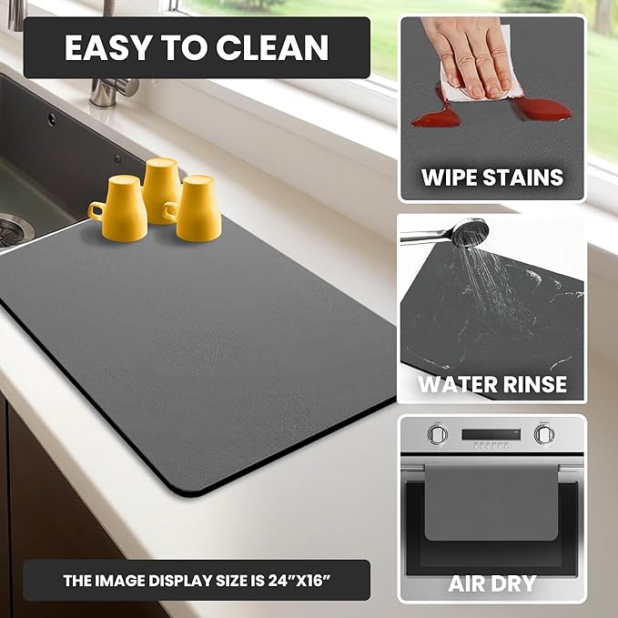 Dish Drying Mat Super Absorbent – 16 x 12 Coffee Mat for Countertops – Non-Slip Drying Mat for Kitchen Counter – Easy to Clean Water Absorbent Mat – Quick Dry Dish Drying Mats (Dark Gray)