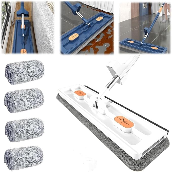 Large Flat Mop 360° Rotating with Dewatering Scraper Wet Dry Mop Extendable Long Cleaning Microfiber for Floors Corner Window 1pcs 12027(A-4pcs Rag)