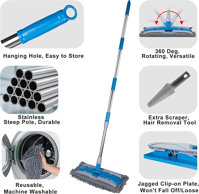 BITOPE Microfiber Dust Mop with Rotatable Flat Head Professional Wet Dry Floor Mop with Extendable Handle and Washable Pads for Wood Tile Vinyl Laminate Marble Hard Surface 54