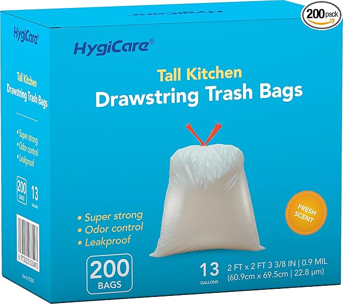 13 Gallon Tall Kitchen Trash Bags Fresh Scent 200 Count Drawstring Garbage Bags Pre-Separated Odor Control Ultra Strong Leakproof Sturdy White