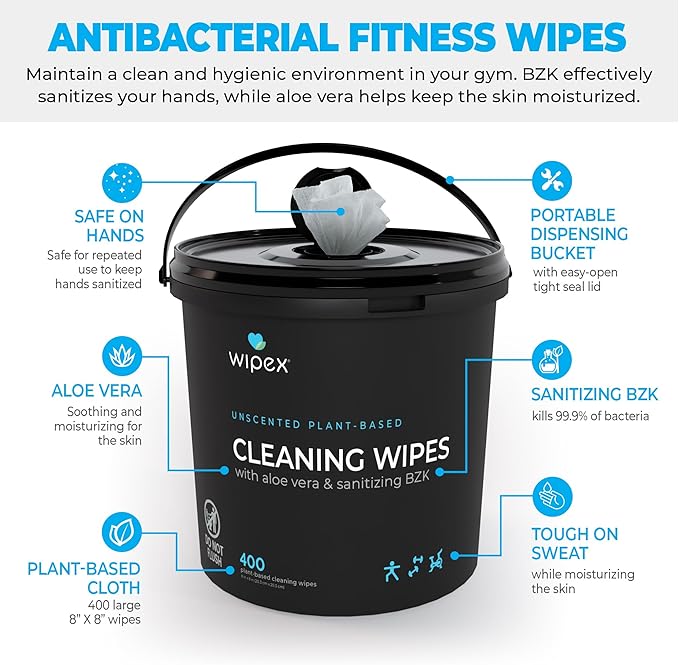 Wipex Gym Cleaning Wipes Bundle - Get 3 Buckets (1) Lavender (1) Lemongrass Plant-Based Fitness Equipment Wipes and (1) Sanitizing BZK Bucket for Hands Use at home or Gym 400 Count (Pack of 3)