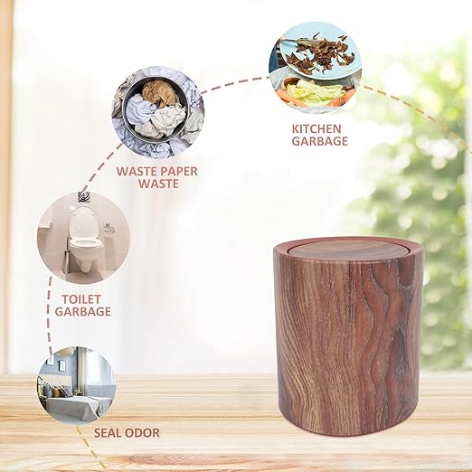 Wood Grain Small Trash Can with Swing Lid Medium Round Wastebasket Plastic Flip Lid Dustbin for Bathroom Kitchen Bedroom Home Office Use