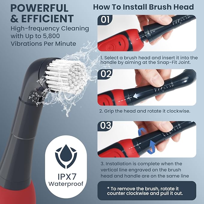 LifeBasis Rechargeable Power Scrubber 11-Piece Kit Cordless Electric Cleaning Brush IPX7 Waterproof Electric Grout Brush for Home Kitchen Bathroom Grout Tile Shower Tub Red