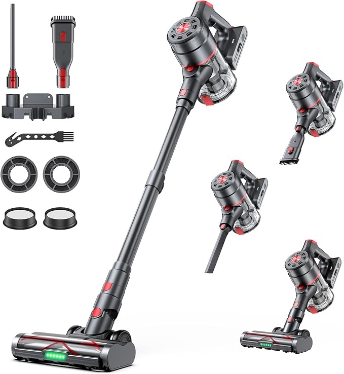 Cordless Vacuum Cleaner 580W 60KPA Dual Motor Stick Vacuum for Home with 60mins Runtime 6 LED Green Headlights Self-Standing Design Pet Hair Vacuum for Carpet Tile Pet Hair