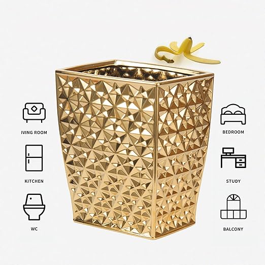 Ceramic Gold Square Garbage Can Kitchen Trash Cans - Wastebasket Garbage Container Bin for Bathroom Bedroom Kitchen Home Office and Kids Room Holds Waste