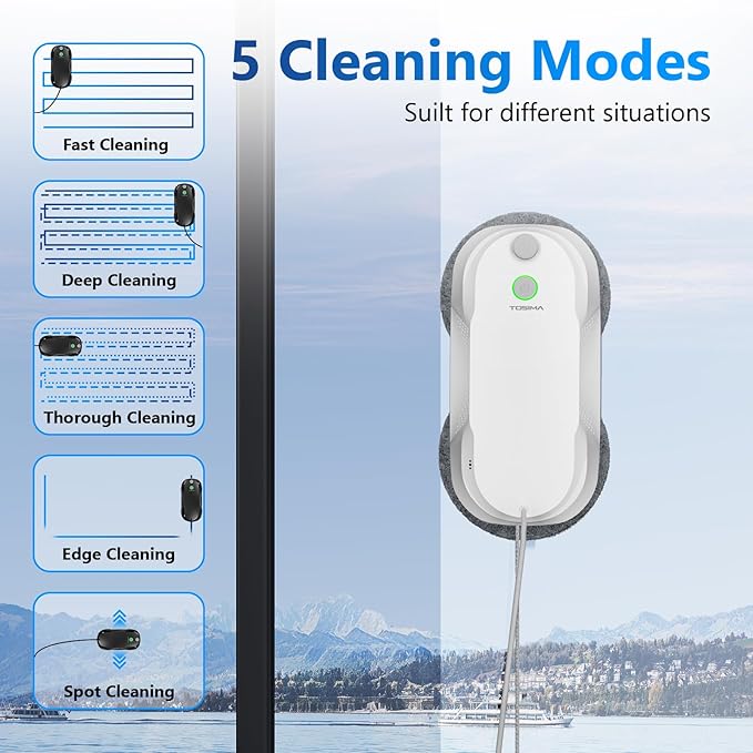 Tosima W5 Window Cleaning Robot Dual Direction Auto-Spray Smart Window Cleaner with Triple Safety System Smart Navigation Remote Control for All Smooth Surfaces with 8 Rags White