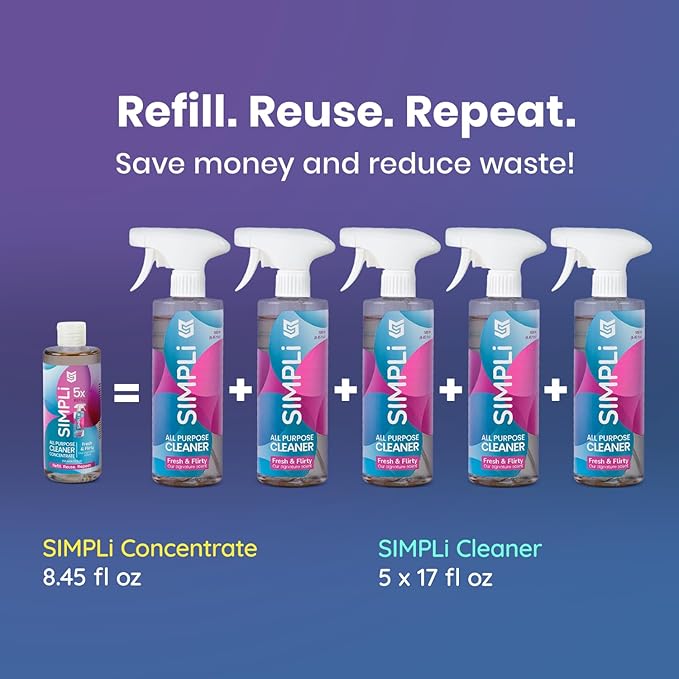SIMPLi All Purpose Cleaner Starter Kit – Multipurpose Cleaner Concentrate Refill 8.45 fl oz Makes 85 fl oz + Reusable Spray Bottle 17 fl oz – Surface Cleaner for Kitchen Bathroom Glass Floor