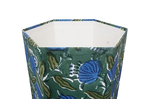 Generic 3.3 Gallon Cotton Hand Block Printed Paper Waste Basket |Small Decorative Trash Can for Housewarming Gifts in Living Room Bedroom Bathroom | Eco-Friendly Plastic-Free (1 D. GREEN &amp BLU