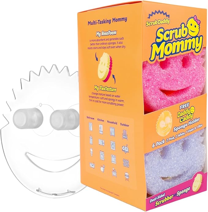 Scrub Daddy 6 Scrub Mommy Kitchen Sponges &amp 1 Daddy Caddy Sponge Holder - Scratch-Free for Dishes &amp Multipurpose Cleaning - BPA Free &amp Made with Polymer Foam - Stain &amp Odor Resistant