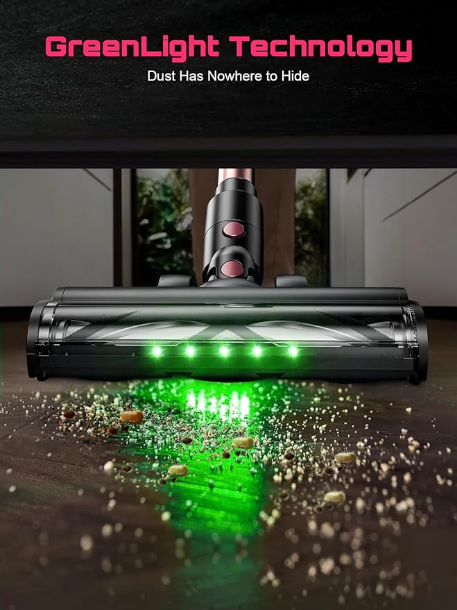 Cordless Vacuum Cleaner 10 in 1 Stick Vacuum with Powerful Suction Hose Green LED Light Anti-Tangle Brush Lightweight Rechargeable Vacuum Cleaner for Home Hardwood Floors Carpets Pet HairPink