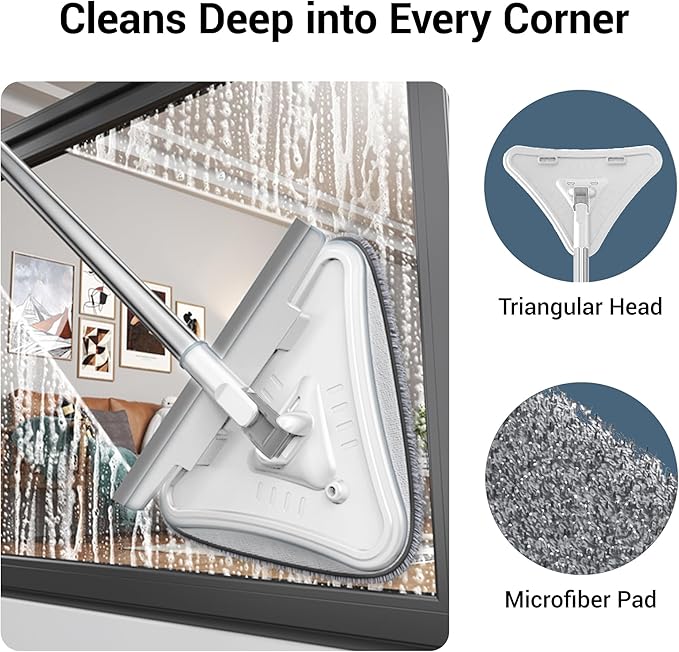 7-in-1 Triangle Mop Set with 7 Replaceable Heads and Adjustable Long Handle for Walls Floors Windows Baseboards (White)
