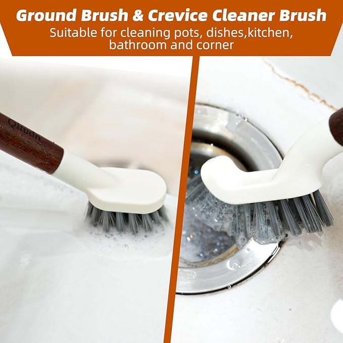 4-Pack Heavy Duty Scrub Brushes with 11 Sapele Wood Handle – PBT Bristles &amp TPR Loop – Kitchen Bathroom Grout Dish &amp Tile Cleaner – Durable Non-Slip Multi-Surface Cleaning Brush Set