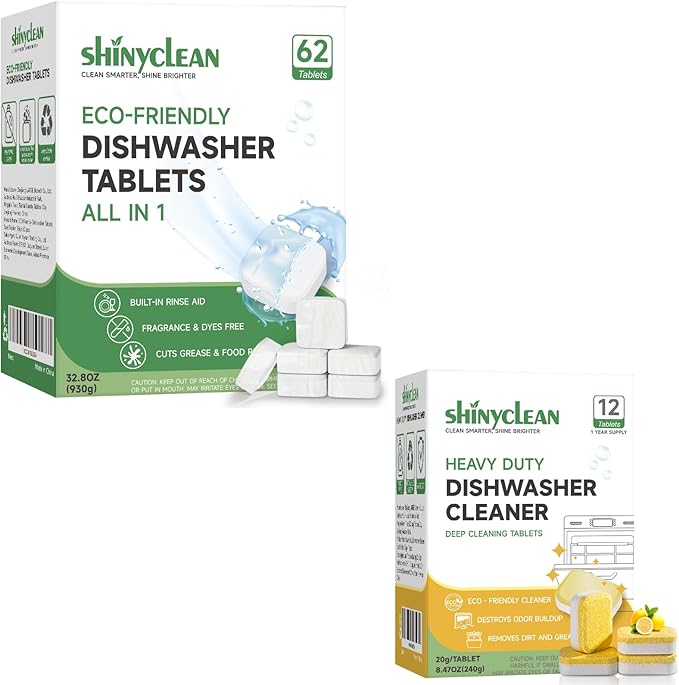 Dishwasher Detergent Pods And Cleaning Tablets Bundle - Includes Heavy Duty Dishwasher Cleaning Tablets 12 Pack 1 Year Supply &amp All-in-1 Plant-Based Dishwasher Detergent Pods 62 Count