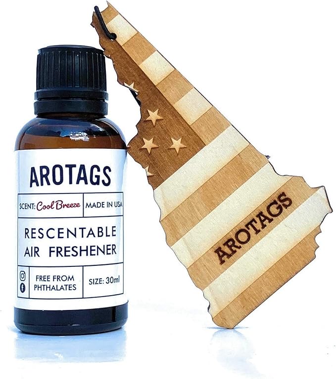 Arotags Car Air Freshener - Reusable Wood Diffuser - Hanging Odor Eliminator - New Hampshire Patriot - Cool Breeze Scent