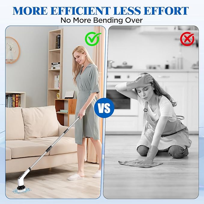 Electric Spin Scrubber Cordless Bath Tub Power Scrubber with 8 Replaceable Drill Brush Heads Shower Cleaning Brush with Adjustable Handle for Bathroom Tile Floor &amp Car White (ANS-8050)
