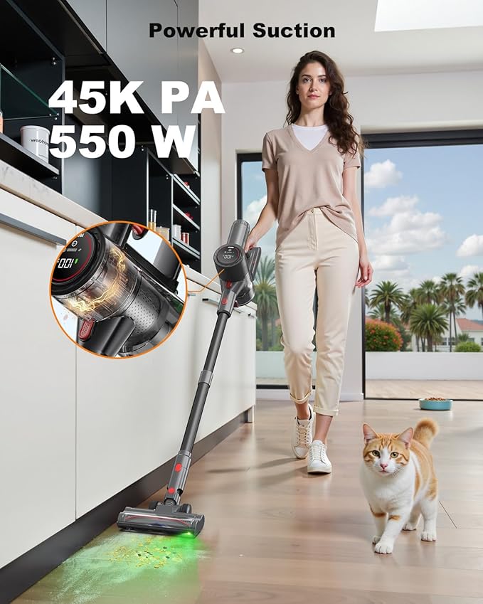Cordless Vacuum Cleaner Stick Vacuum Rechargeable 550W 45KPA Powerful Suction Lightweight Vacuum Cleaners for Home Anti-Tangle Self Standing for Pet Hair Hardwood Floor Carpet - Black