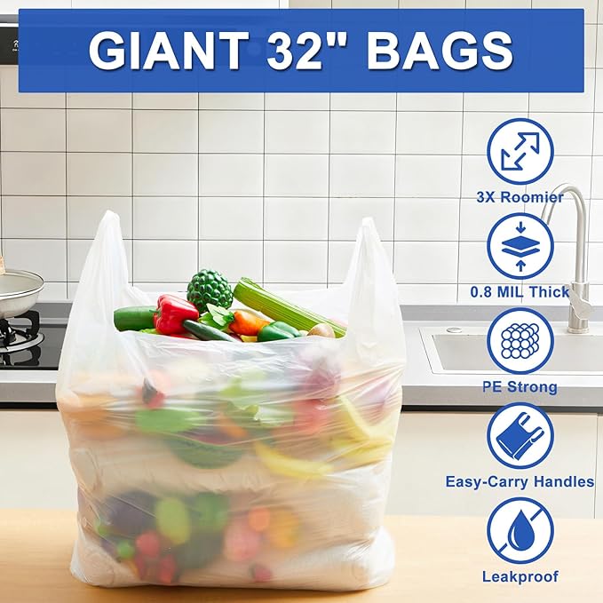 100 Pack 32 x 19 x 6 Extra Large White Plastic Shopping Bags(0.8 Mil Thick) Reusable Heavy Duty Large T-shirt Grocery Bags Bulk with Handles for Restaurant Retail Business