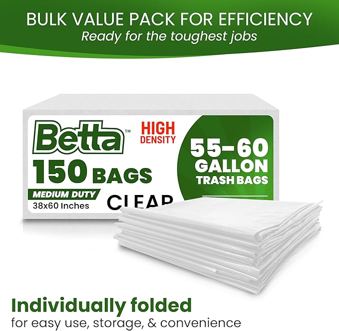 Betta 55-60 Gallon Clear High-Density Trash Bags 150 Count Box (38x60-inch) Commercial Medium-Duty Garbage Can Liners