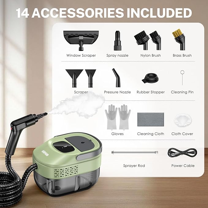 ODSD Steam Cleaner for Home &amp Car 3-Level Adjustable Steamer for Cleaning 15s Heat-Up &amp 1.6L Large Tank Handheld Steam Cleaner for Car Detailing Home Tile Grout Furniture with 15pcs Acc