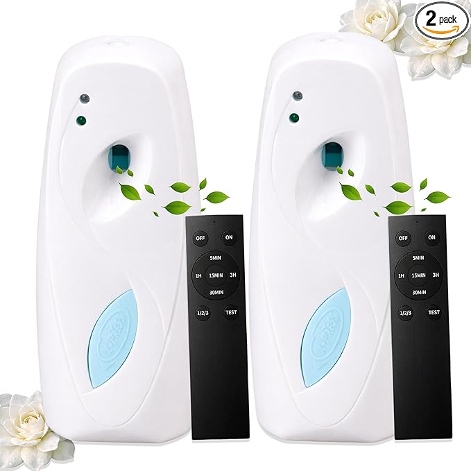 (2-pack) Automatic Air Freshener Spray Dispenser Wall Mounted or Freestanding Sprayer Holder Multiple Time Settings Commercial and Hotel Bathroom Office etc (White BT)