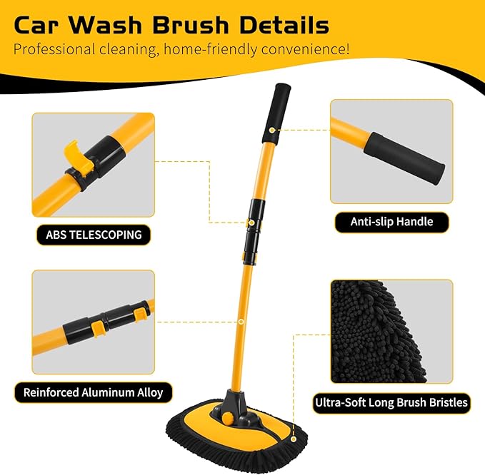 Ordenado 15°Curved Car Wash Brush with Long Handle 43 Car Cleaning Brush with Extension Pole Microfiber RV Wash Mop Scratch-Free Exterior Washer Mop for Washing Roof Truck Camper SUV Caravan Boat