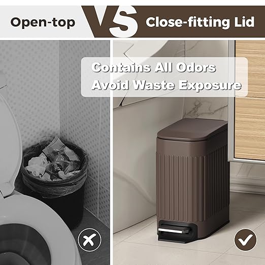 TrashAid Slim Bathroom Trash Can with Lid Soft Close 6 Liter/1.6 Gallon Stainless Steel Small Garbage Can with Removable Inner Bucket Step Pedal Slim Wastebasket for Toilet Office Bedroom Brown