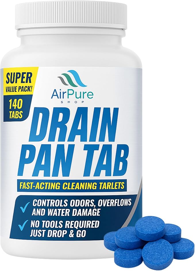 Air Pure Drain Pan Tabs - 140 Flow Treatment Tablets for HVAC &amp AC Condensate Pan Treatment | Prevents Overflow Cleans Drain Lines &amp Eliminates Odors