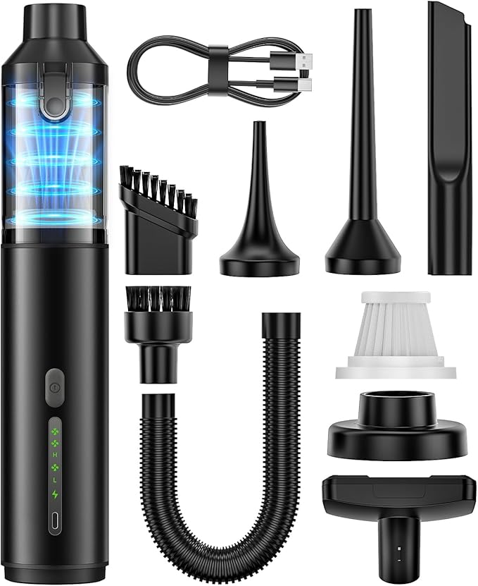 Car Vacuum Portable Cordless Handheld Vacuum Cleaner 4-in-1 Mini Cordless Vacuum with 2 Suction Modes and 16800pa Suction Power Blowing &amp Inflating 2 Modes Handheld Vacuum for Car Desk Keyboards