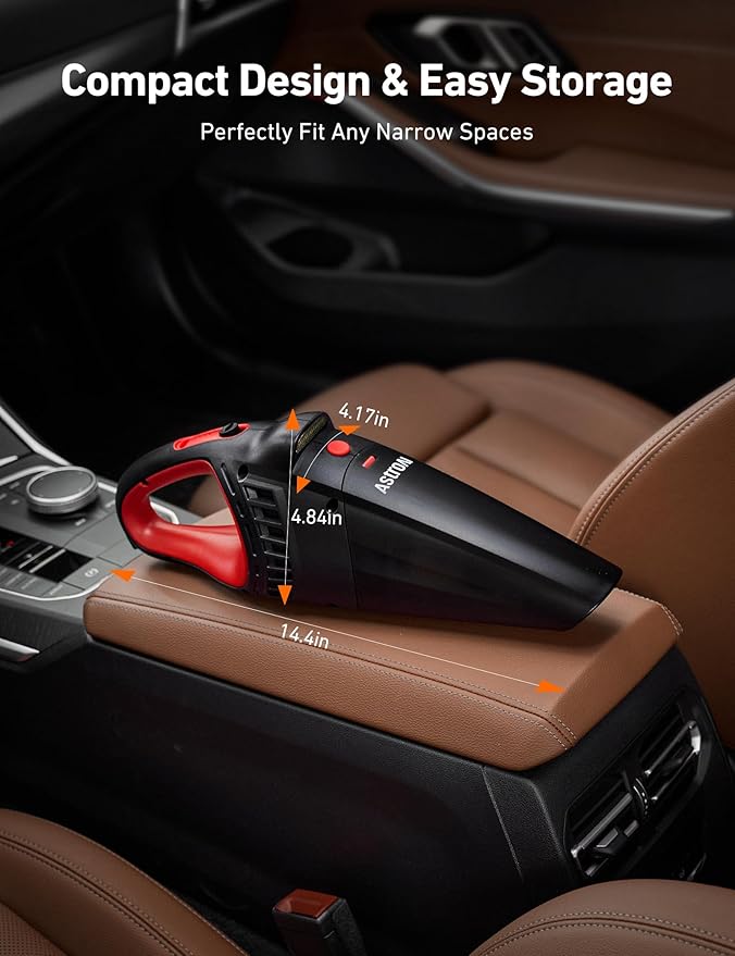 AstroAI Handheld Car Vacuum Cordless with Accessories Portable Vacuum Cleaner with 12V DC Power LED Light Brush Extended Suction Pipe Hose Mini Handheld for Car Home Office and Pet Hair Red