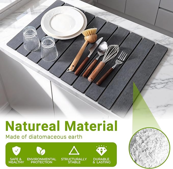 Large Stone Dish Drying Mat for Kitchen Counter Foldable Diatomaceous Earth Drying Mat Quick Water Absorbing Eco-Friendly Mat for Dishes Dark Gray