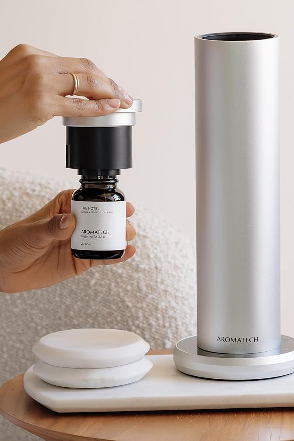 AromaTech New AroMini BT Plus Scent Diffuser w/Bluetooth – Cold-Air Diffusion Scent Machine for Home Office Hotel Spa – Nebulizing Diffusion System for Essential Oil Blends (Silver)