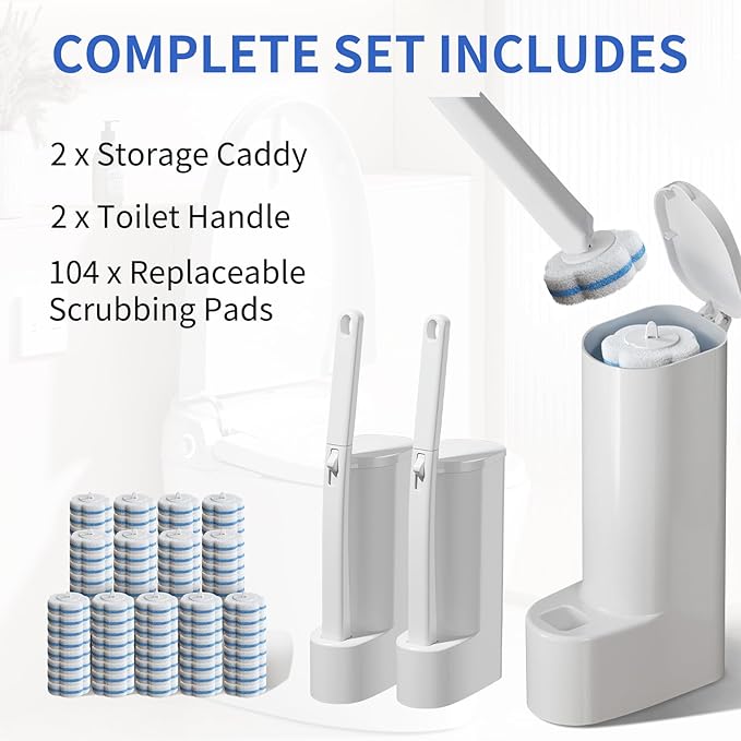2 Pack Disposable Toilet Brush with Holder Set 104 Count Toilet Wand Refills Extended Handle Toilet Bowl Cleaner Brush for Bathroom and Bathtub Deep Cleaning
