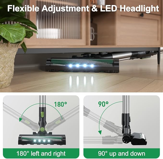 Cordless Vacuum Cleaner Lightweight Stick Vacuum Cleaner 6 in 1 Self-Standing with Powerful Suction 180° Bendable Wand Rechargeable Cordless Vacuum for Hardwood Floor (Green)