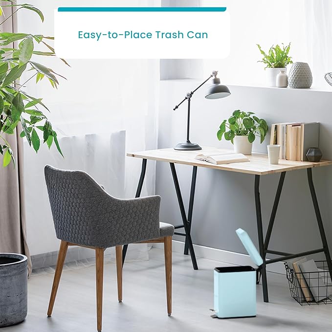 Home Zone Living 1.3 Gallon Small Bathroom Trash Can with Lid and Step Pedal Stainless Steel Wastebasket with Slim Design for Home and Office Matte Powder Blue 5 Liters