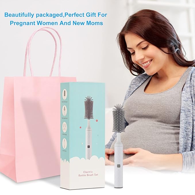 Rechargeable Electric Bottle Brush Cleaner Set with 3 Piece Silicone Baby Bottle Brush Cleaner and Straw Cleaner BrushBPA FreeWaterproofPerfect Baby Registry GiftWhite