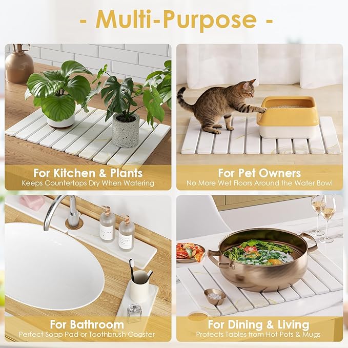 Stone Dish Drying Mat for Kitchen Counter 4-Piece Set with Diatomaceous Earth Dish Drying Mat Stone Faucet Mat and Small Drying Mat Super Absorbent Quick Dry for Dishes Cups Bottles