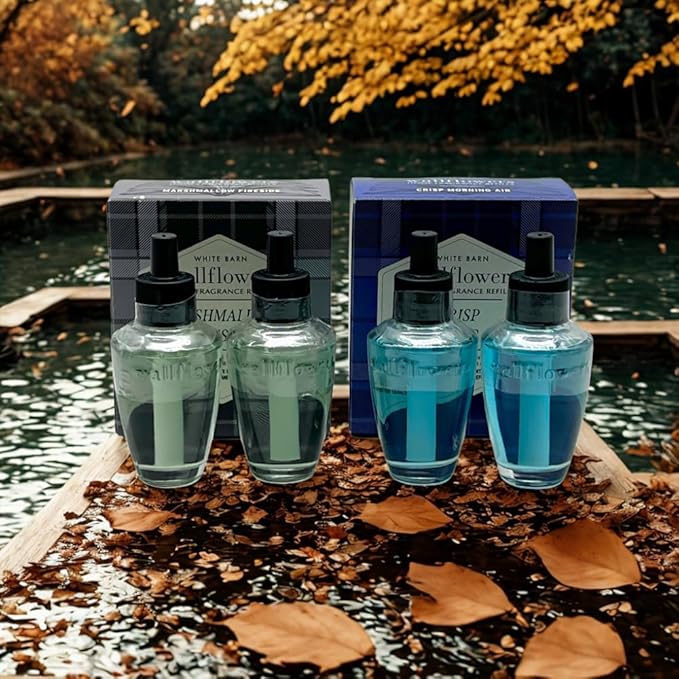 Bath &amp Body Works Wallflowers Refills Autumn Fragrance 4-Bulb Bundle – Marshmallow Fireside &amp Crisp Morning Air Gift Set with 30-Inch Metallic Silver Ribbon Bow – 2-Pack Each Box